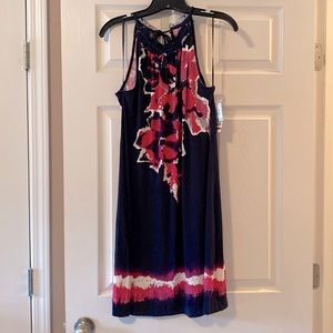 Navy blue and pink floral halter dress.